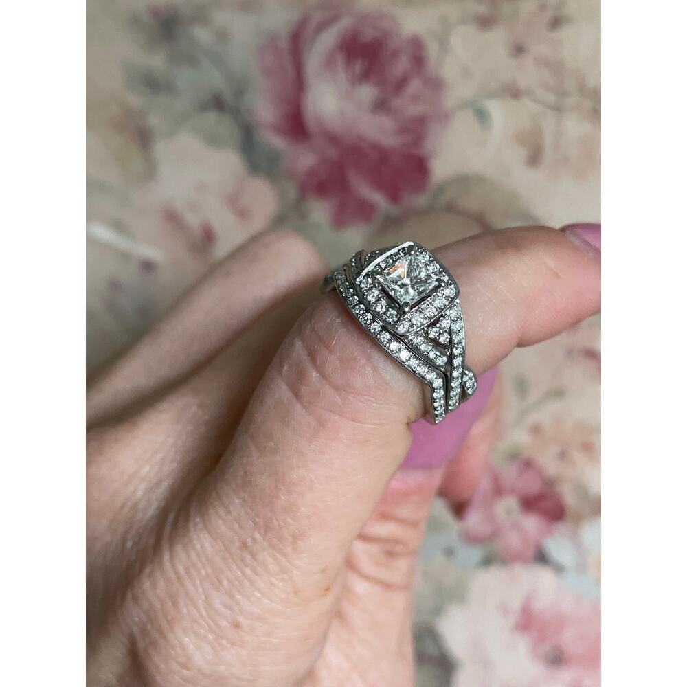 14 karat white gold, diamond halo engagement wedding ring set .61 center - Picture 13 of 16